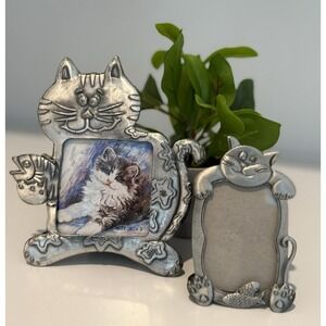 Vintage Pewter Kitty Cat With Fish Small Metal Picture Frames‎ - Set of 2